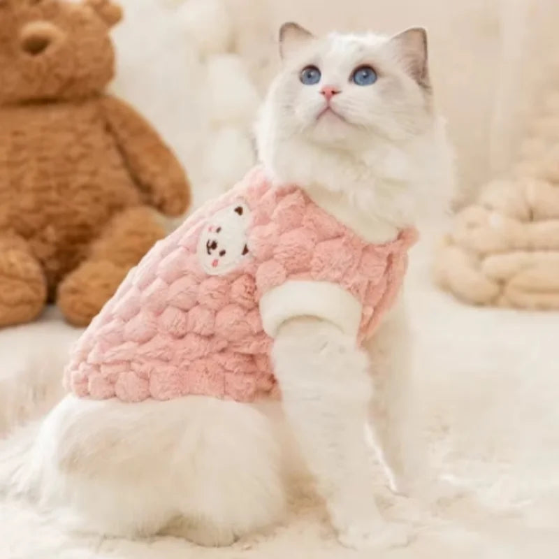 Winter Cat Dog Clothes with Buckle Sweet Bear Print Pet Plush Sweater for Small Dogs Pomeranian Chihuahua