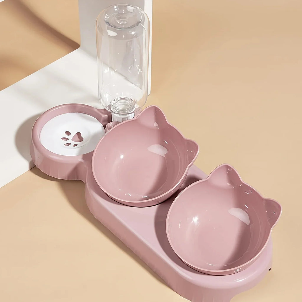 Pet Bowls With Water Feeder, 3 In 1 Ear Design Tilted Cat Water And Food Bowl Set With Gravity Water Bottle