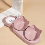 Pet Bowls With Water Feeder, 3 In 1 Ear Design Tilted Cat Water And Food Bowl Set With Gravity Water Bottle