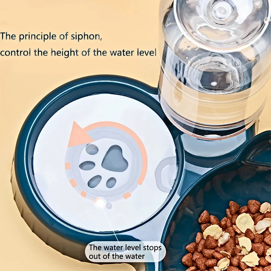 Pet Bowls With Water Feeder, 3 In 1 Ear Design Tilted Cat Water And Food Bowl Set With Gravity Water Bottle