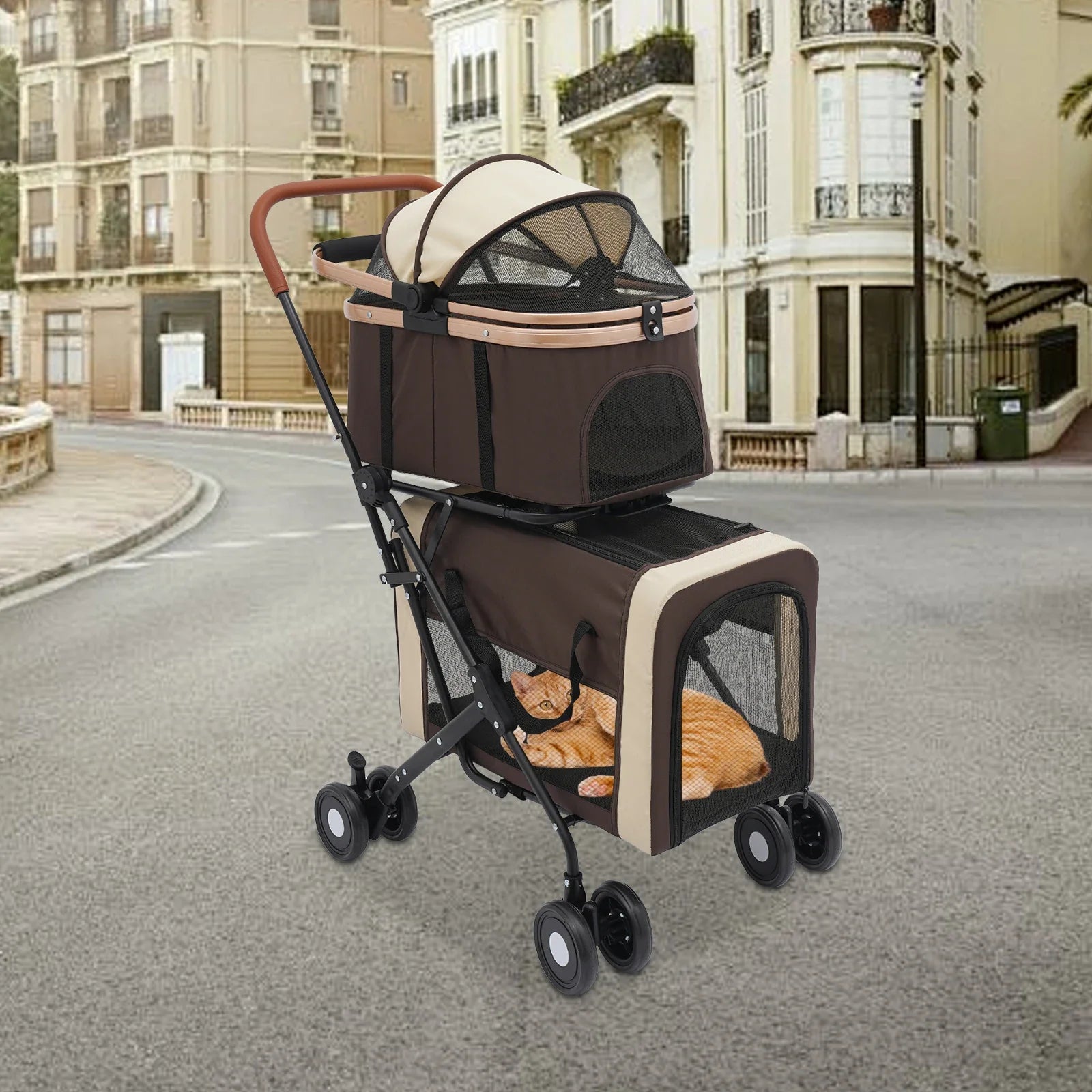 2-Tier Foldable Pet Stroller, Dog & Cat Stroller, Foldable Pet Stroller for Small & Medium Dogs, Overall Load 77lbs