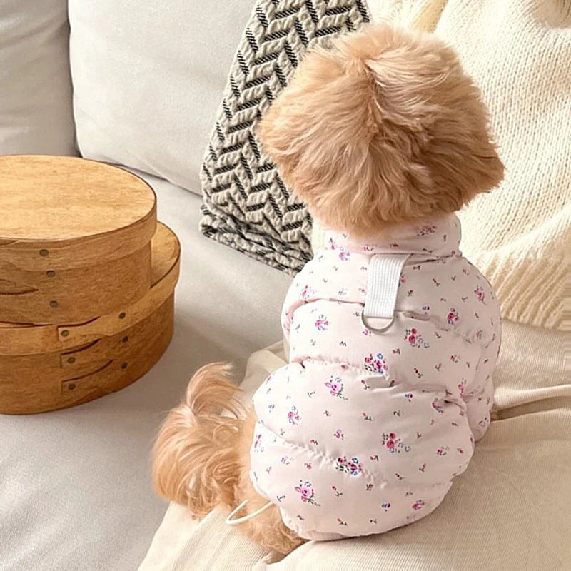 Pet Dog Thick Flower Down Jacket Autumn Winter Wool Warm Pet Vest With Traction Small Medium-sized