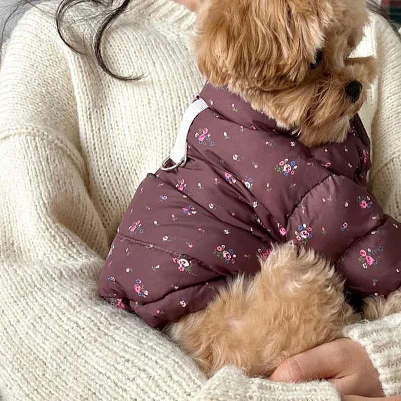 Pet Dog Thick Flower Down Jacket Autumn Winter Wool Warm Pet Vest With Traction Small Medium-sized
