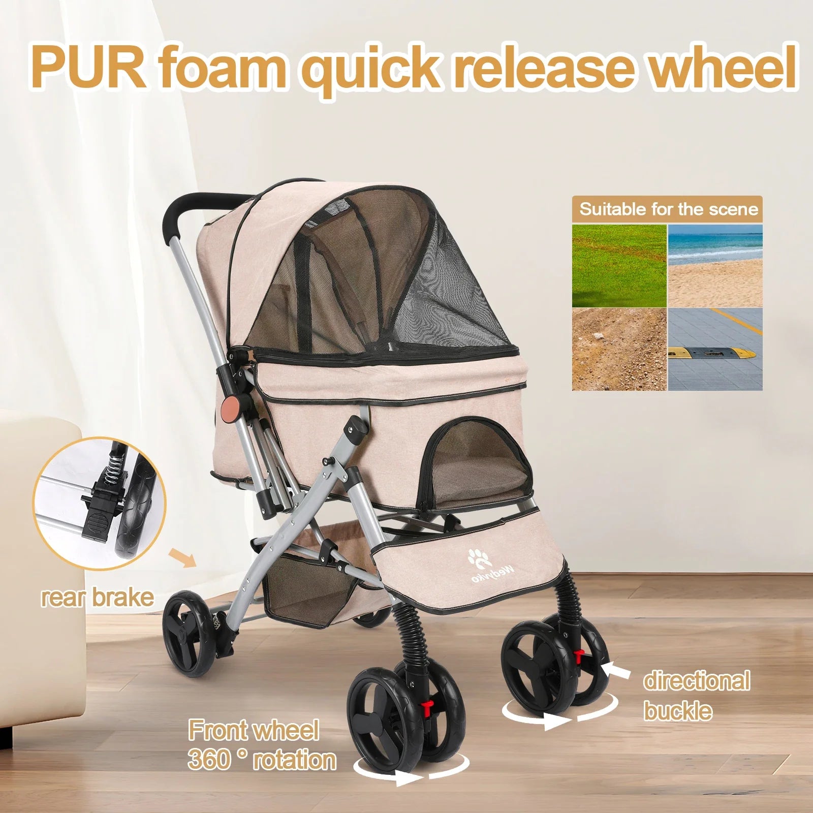 Foldable Cat Dog Stroller  Detachable  Easy Assembly Pet Travel Carrier W/Shock Absorption Folding Resistant